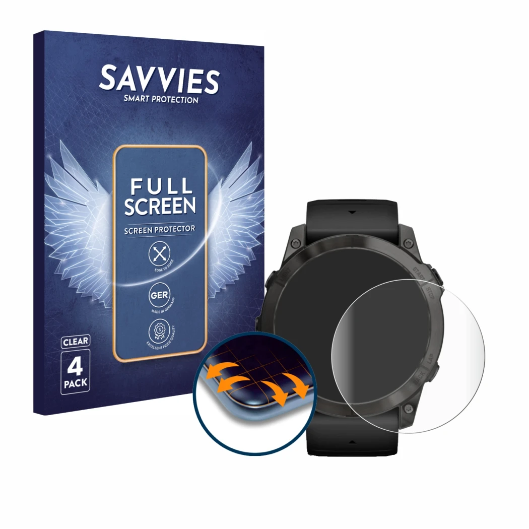Vorderseite einer Produktverpackung mit dem Markenlogo Savvies. Daneben ist das Gerät Garmin Epix Pro (Gen 2) (51 mm) mit dem 