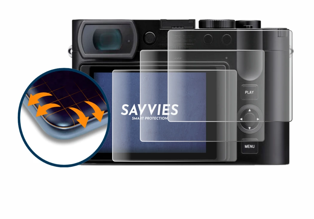 Abbildung des Geräts Leica Q3 mit einer Vielzahl des Displayschutzes.