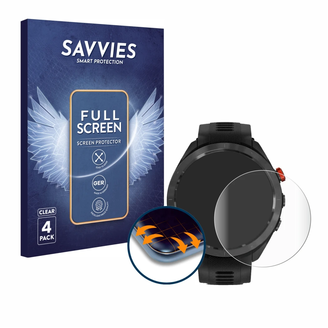 Vorderseite einer Produktverpackung mit dem Markenlogo Savvies. Daneben ist das Gerät Garmin Approach S70 (47 mm) mit dem zuge