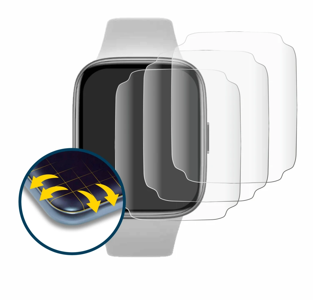 Abbildung des Geräts Xiaomi Redmi Watch 3 Active mit einer Vielzahl des Displayschutzes.