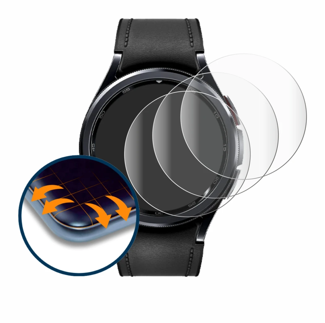 Abbildung des Geräts Samsung Galaxy Watch 6 Classic (47 mm) mit einer Vielzahl des Displayschutzes.