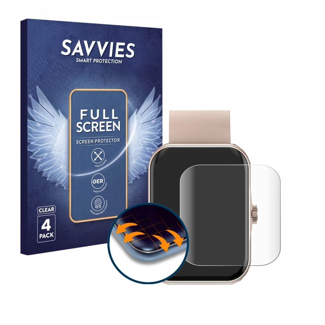Vorderseite einer Produktverpackung mit dem Markenlogo Savvies. Daneben ist das Gerät Mutoy Smartwatch 1.83