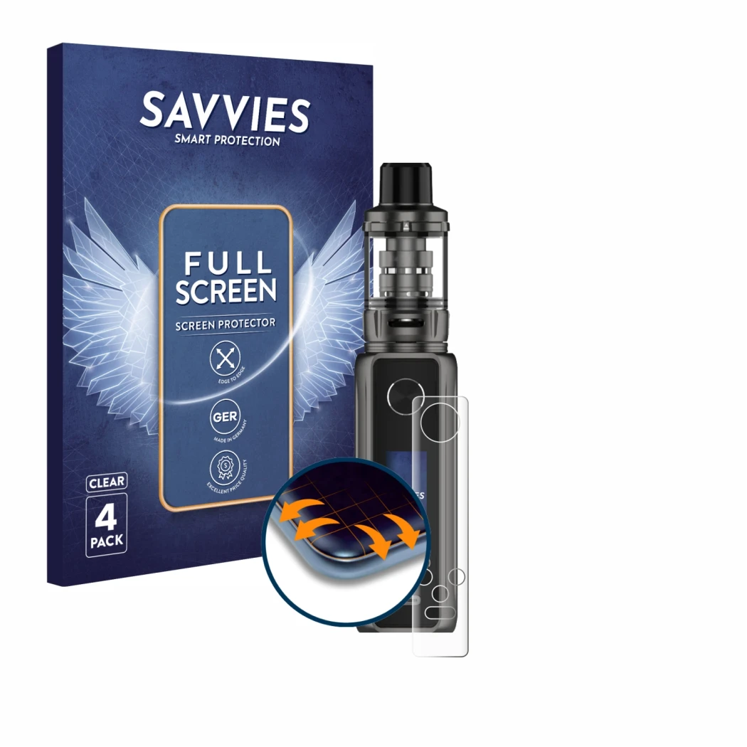 Vorderseite einer Produktverpackung mit dem Markenlogo Savvies. Daneben ist das Gerät Vaporesso Target 100 Mod mit dem zugehör