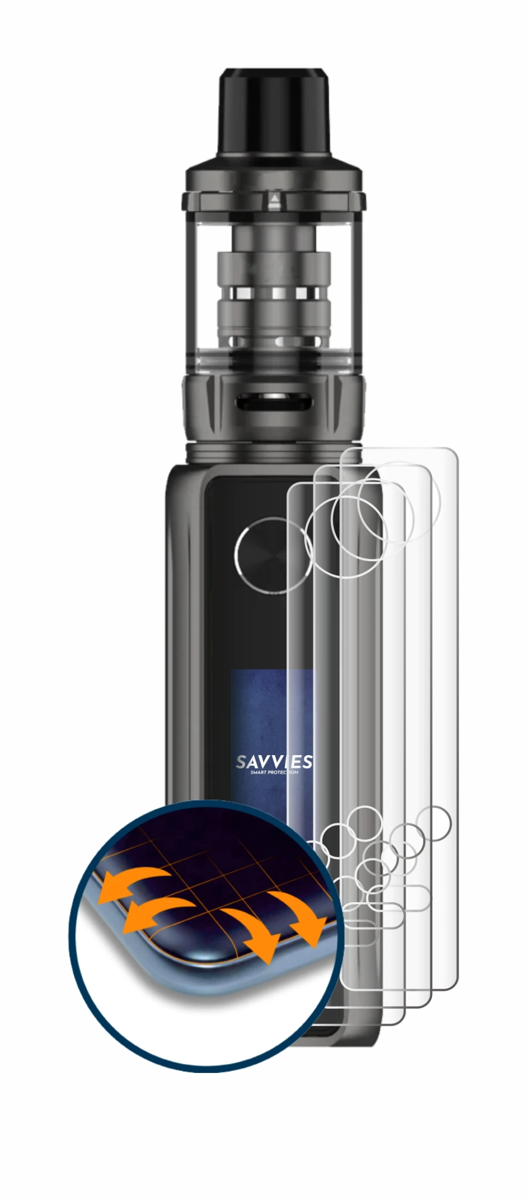 Abbildung des Geräts Vaporesso Target 100 Mod mit einer Vielzahl des Displayschutzes.