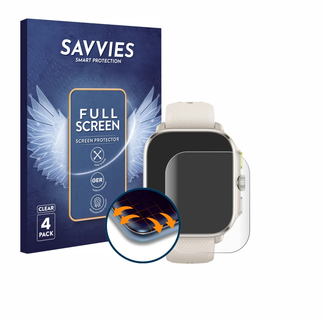 Vorderseite einer Produktverpackung mit dem Markenlogo Savvies. Daneben ist das Gerät Huami Amazfit Cheetah (Square) mit dem z