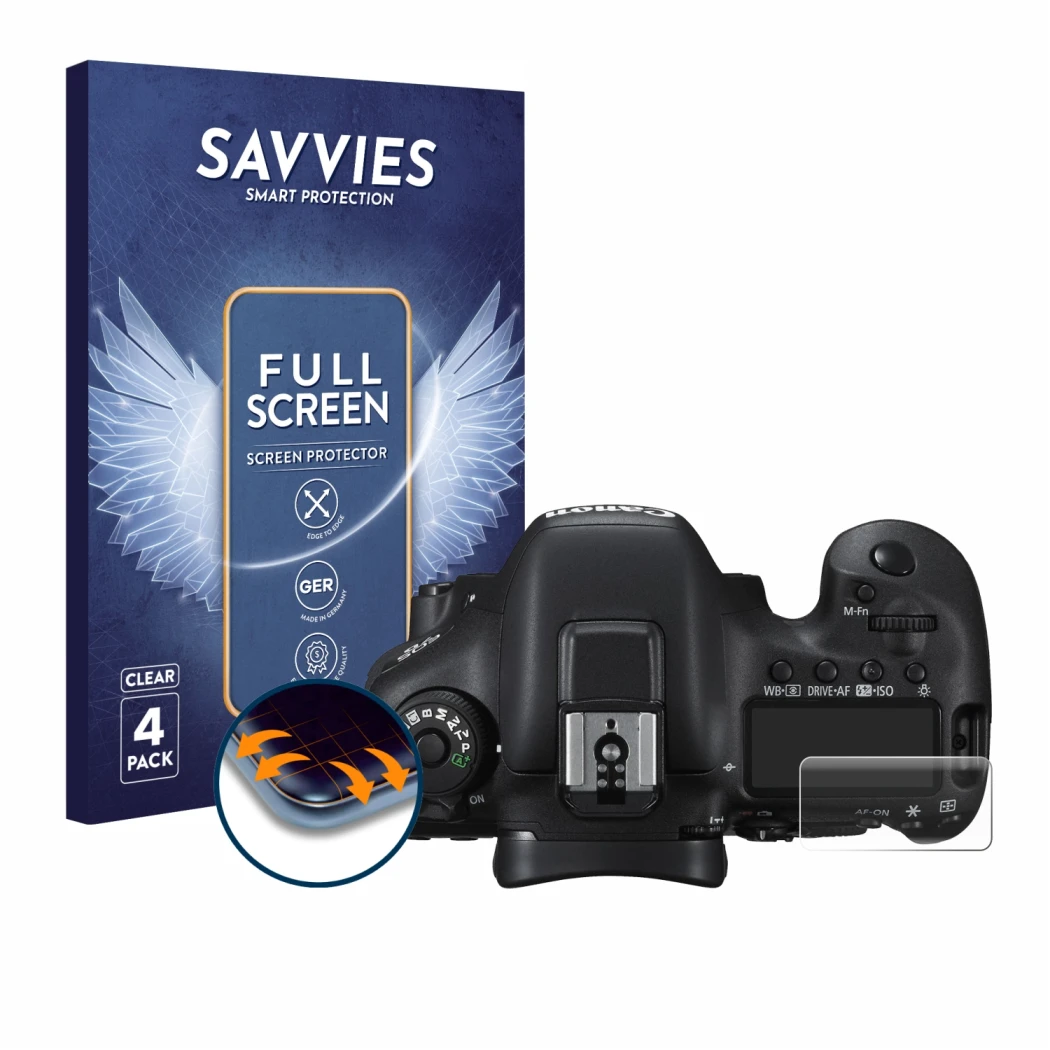 Vorderseite einer Produktverpackung mit dem Markenlogo Savvies. Daneben ist das Gerät Canon EOS 7D Mark II (Schulterdisplay) m