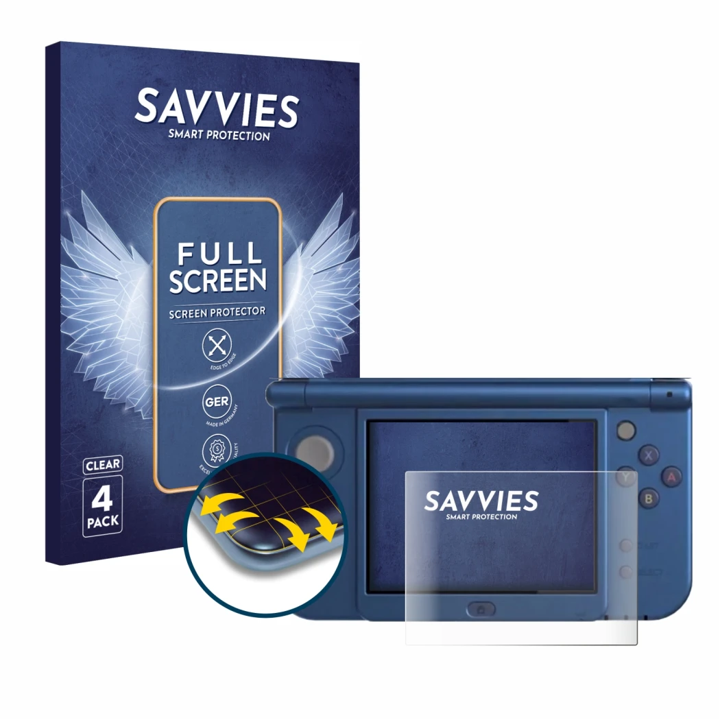 Vorderseite einer Produktverpackung mit dem Markenlogo Savvies. Daneben ist das Gerät Nintendo New 3DS XL (Unteres Display) mi