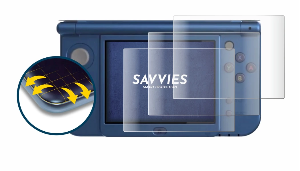 Abbildung des Geräts Nintendo New 3DS XL (Unteres Display) mit einer Vielzahl des Displayschutzes.