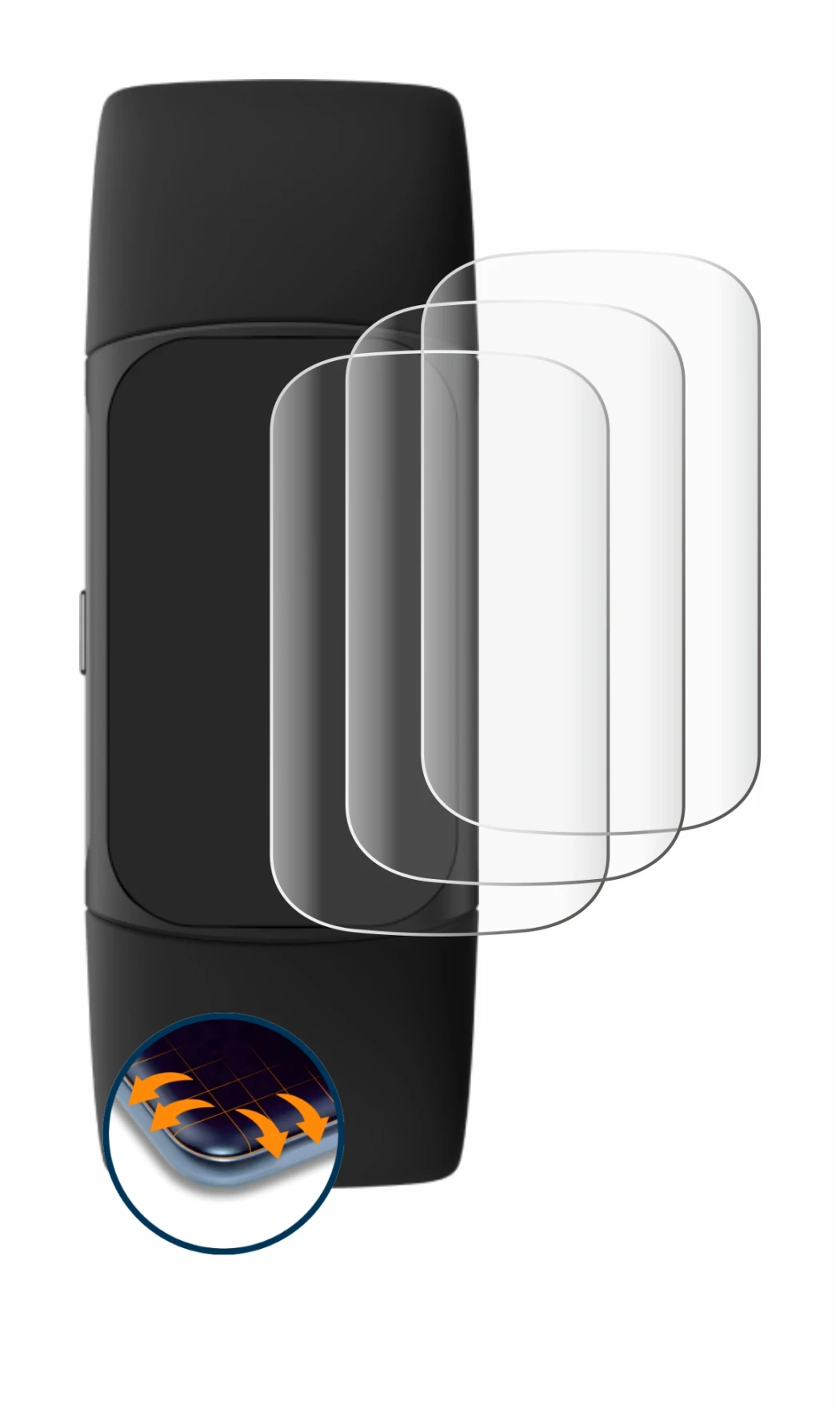 Abbildung des Geräts Fitbit Charge 6 mit einer Vielzahl des Displayschutzes.