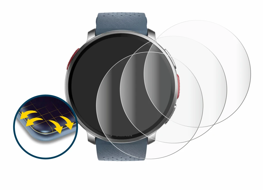 Abbildung des Geräts Polar Vantage V3 mit einer Vielzahl des Displayschutzes.