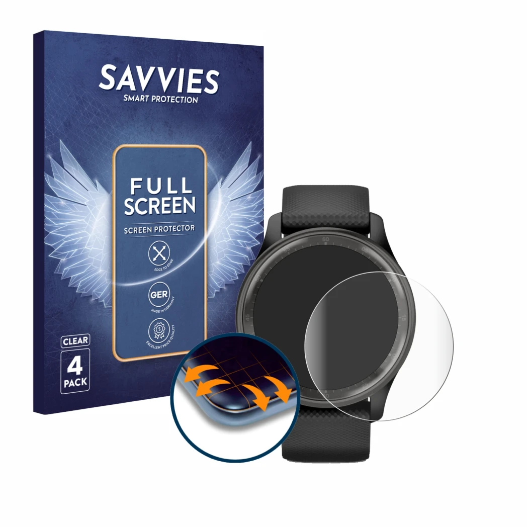 Vorderseite einer Produktverpackung mit dem Markenlogo Savvies. Daneben ist das Gerät Garmin Vivomove Trend mit dem zugehörige