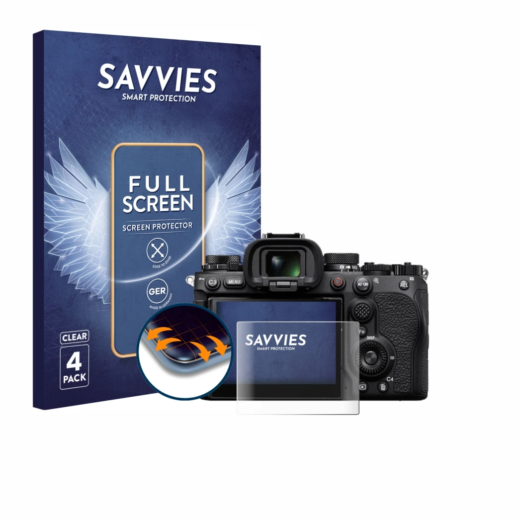 Vorderseite einer Produktverpackung mit dem Markenlogo Savvies. Daneben ist das Gerät Sony Alpha 9 III mit dem zugehörigen Dis