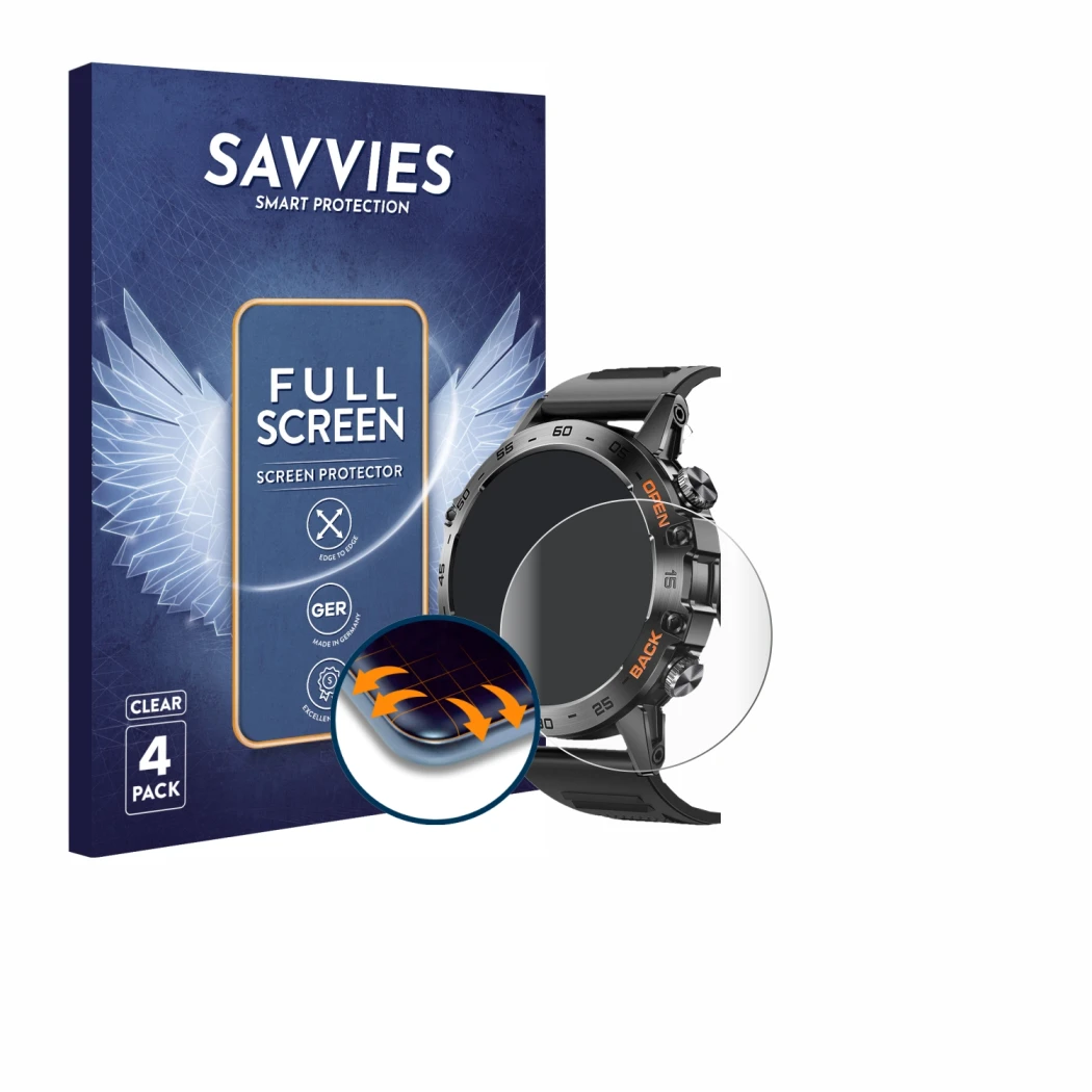 Vorderseite einer Produktverpackung mit dem Markenlogo Savvies. Daneben ist das Gerät Lemfo Smartwatch 1.39