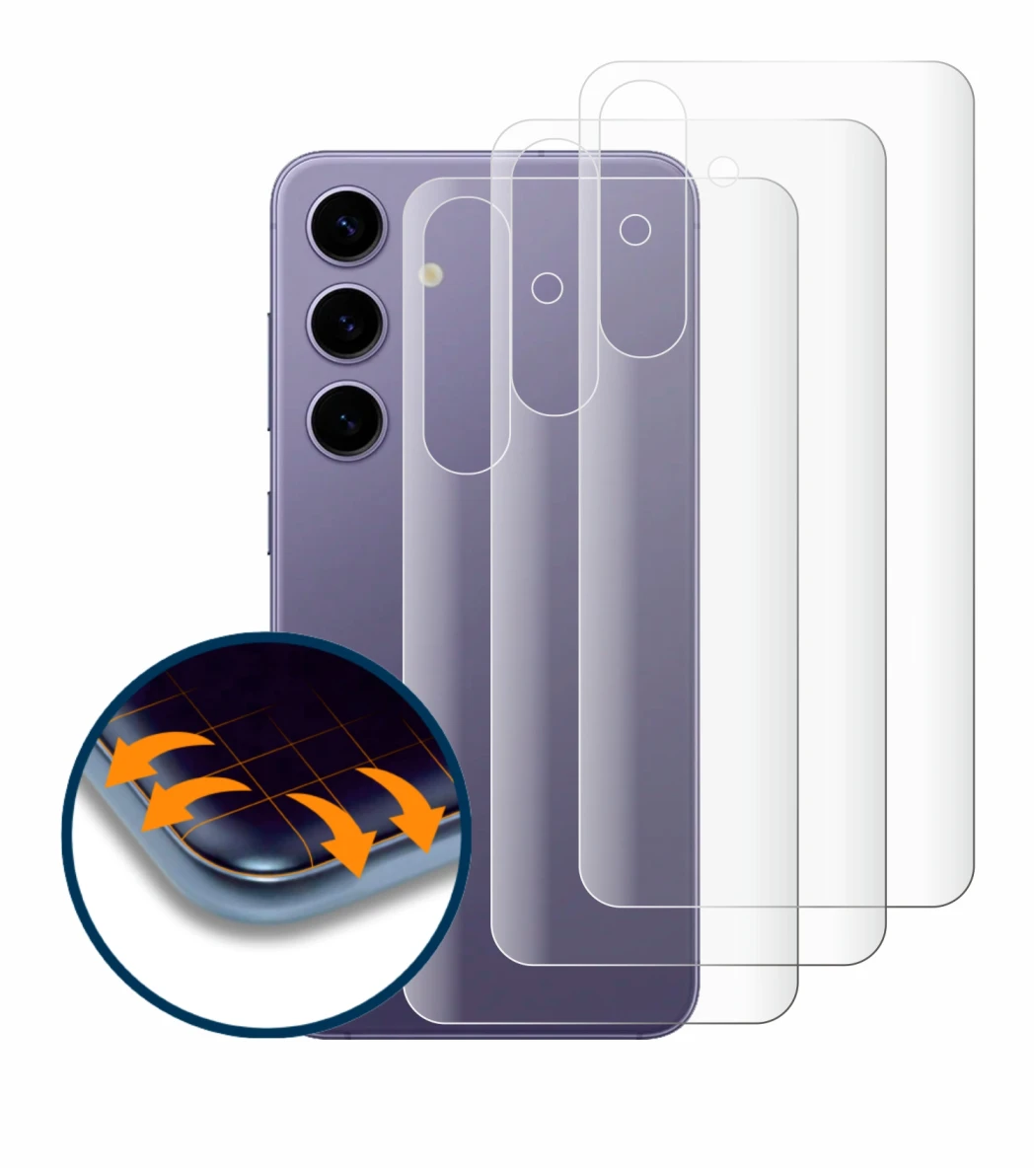 Abbildung des Geräts Samsung Galaxy S24 (Rückseite) mit einer Vielzahl des Displayschutzes.