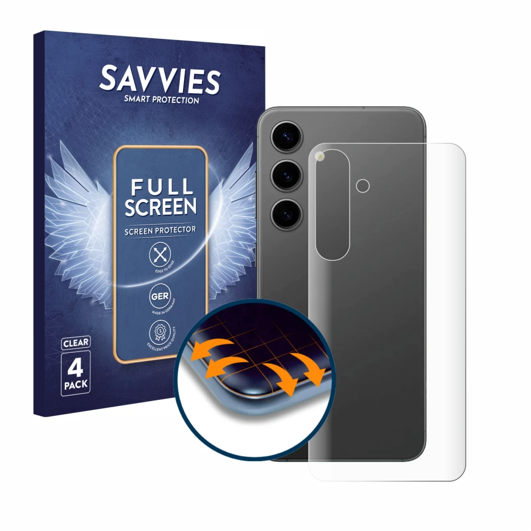 Vorderseite einer Produktverpackung mit dem Markenlogo Savvies. Daneben ist das Gerät Samsung Galaxy S24 Plus (Rückseite) mit 