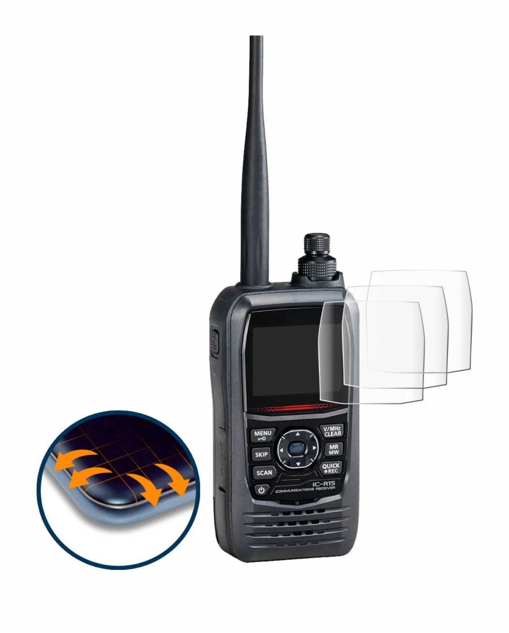 Abbildung des Geräts Icom IC-R15 mit einer Vielzahl des Displayschutzes.