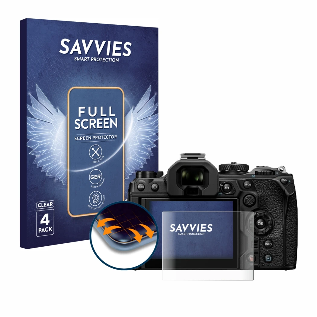 Vorderseite einer Produktverpackung mit dem Markenlogo Savvies. Daneben ist das Gerät Olympus OM System OM-1 Mark II mit dem z