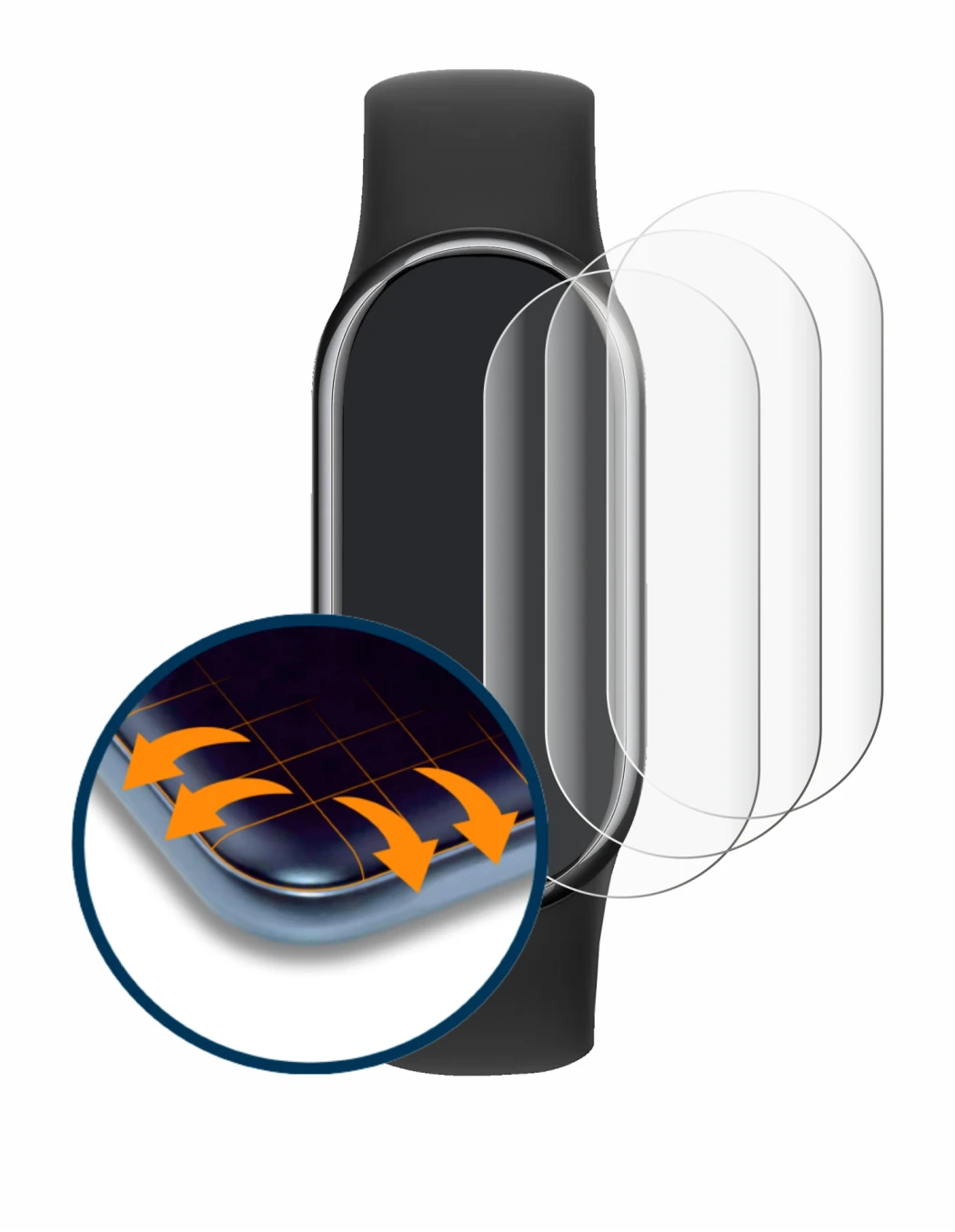 Abbildung des Geräts Xiaomi Smart Band 8 mit einer Vielzahl des Displayschutzes.