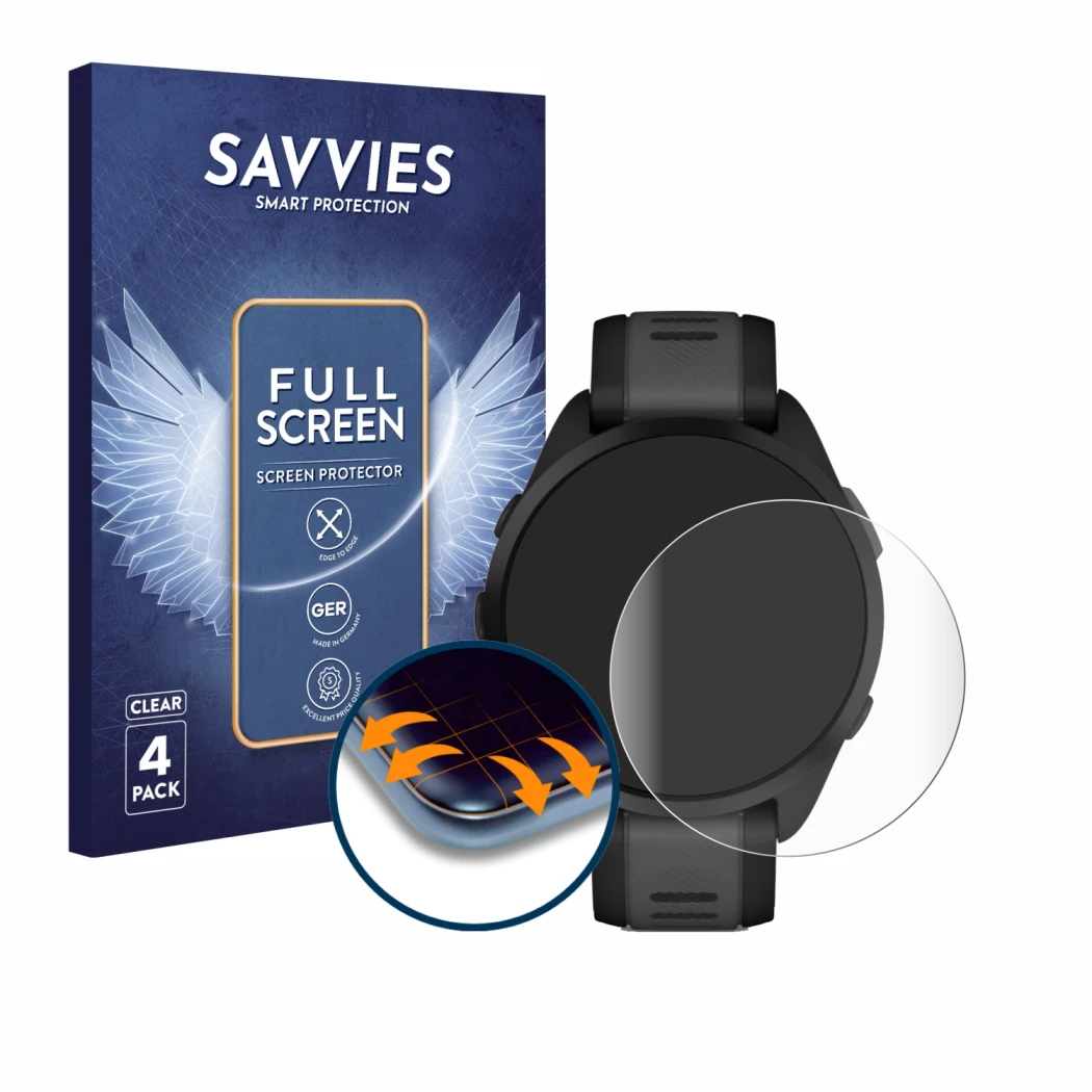 Vorderseite einer Produktverpackung mit dem Markenlogo Savvies. Daneben ist das Gerät Garmin Forerunner 165 mit dem zugehörige
