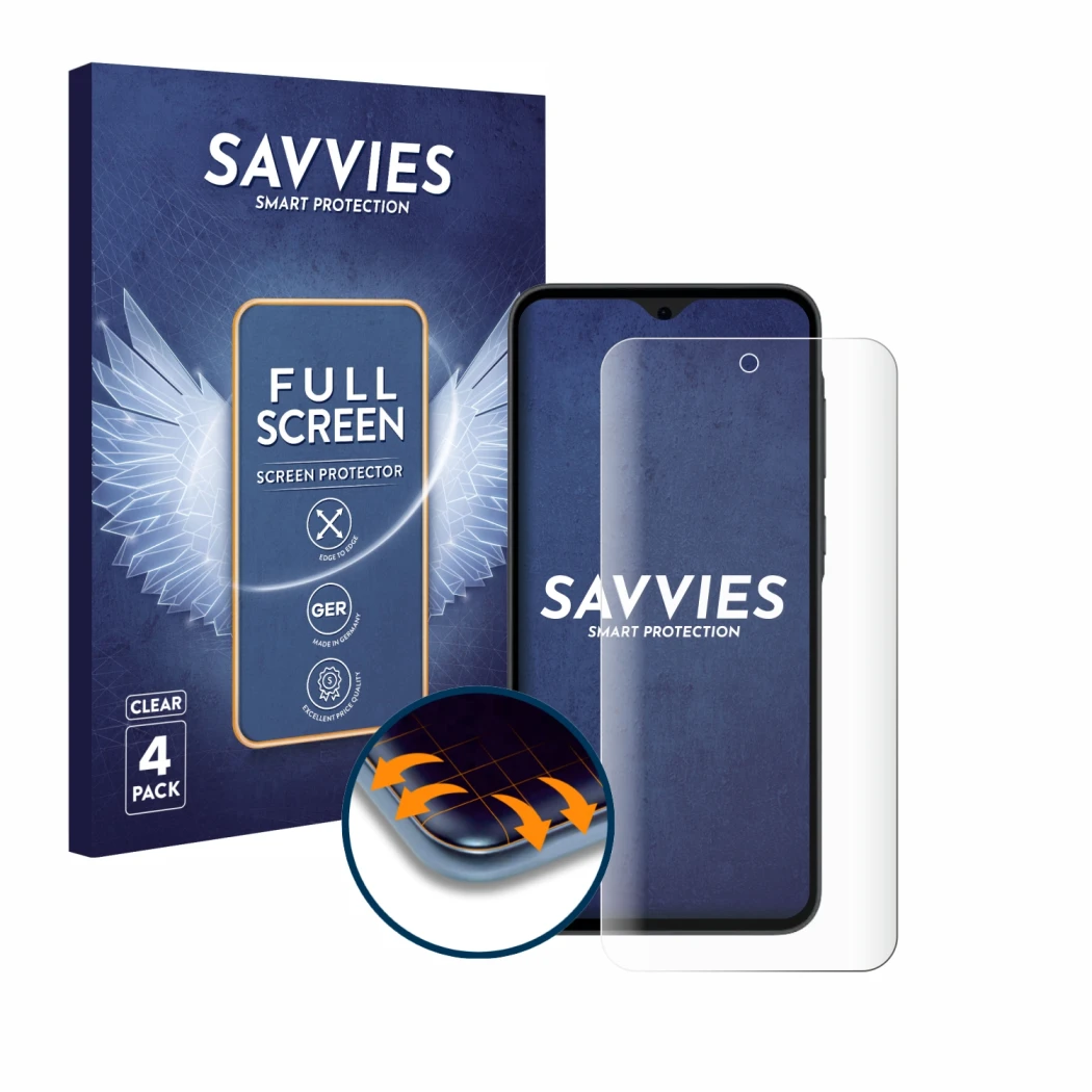 Vorderseite einer Produktverpackung mit dem Markenlogo Savvies. Daneben ist das Gerät Samsung Galaxy A35 5G mit dem zugehörige
