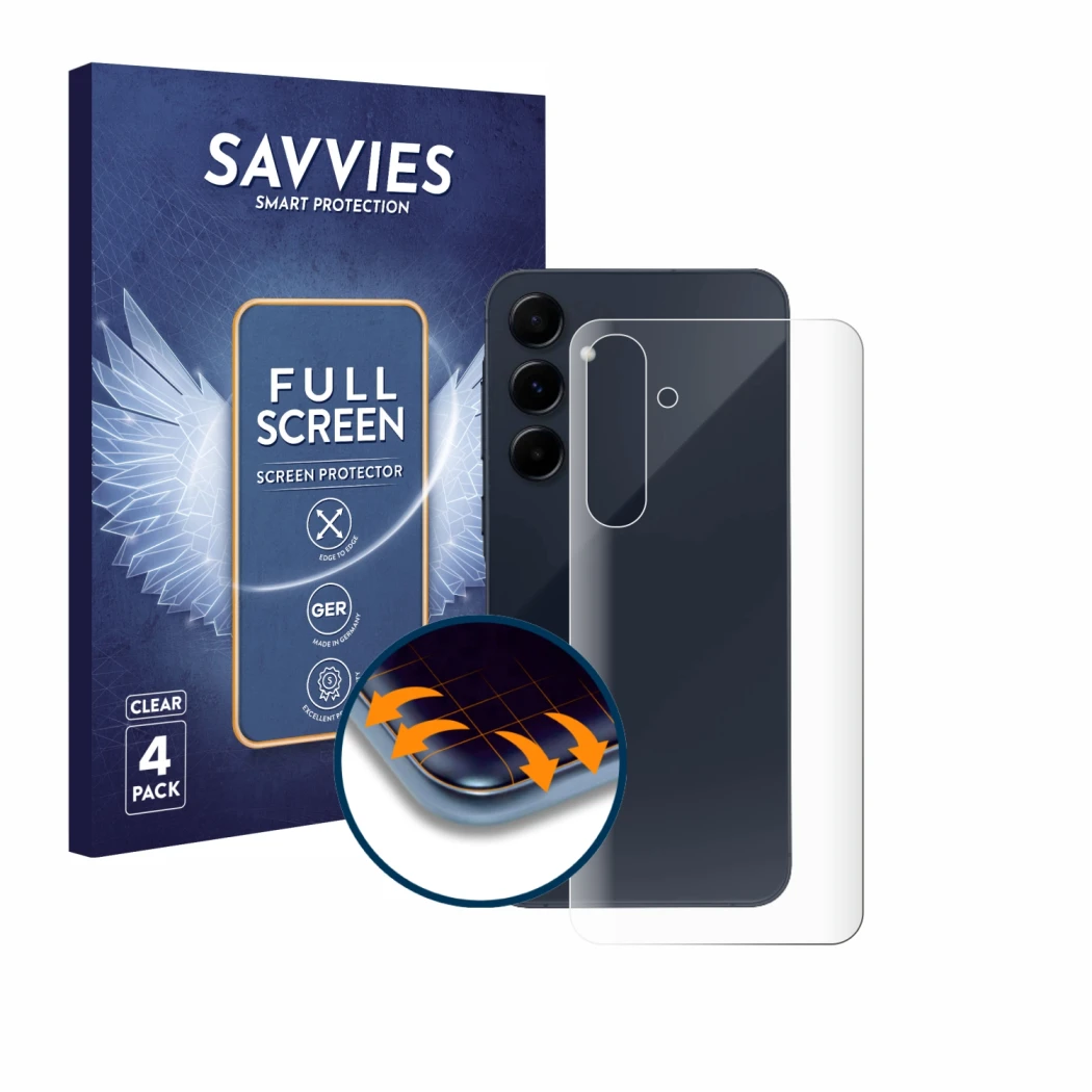 Vorderseite einer Produktverpackung mit dem Markenlogo Savvies. Daneben ist das Gerät Samsung Galaxy A55 5G (Rückseite) mit de