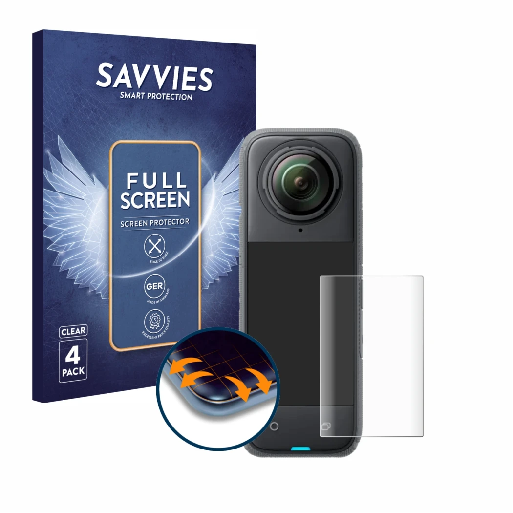 Vorderseite einer Produktverpackung mit dem Markenlogo Savvies. Daneben ist das Gerät Insta360 X4 mit dem zugehörigen Displays