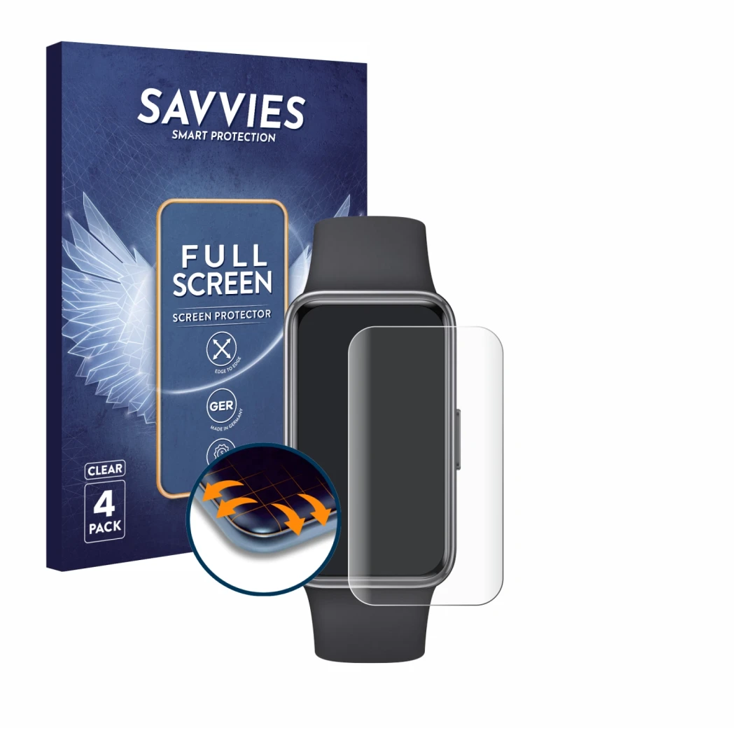 Vorderseite einer Produktverpackung mit dem Markenlogo Savvies. Daneben ist das Gerät Huawei Band 9 mit dem zugehörigen Displa