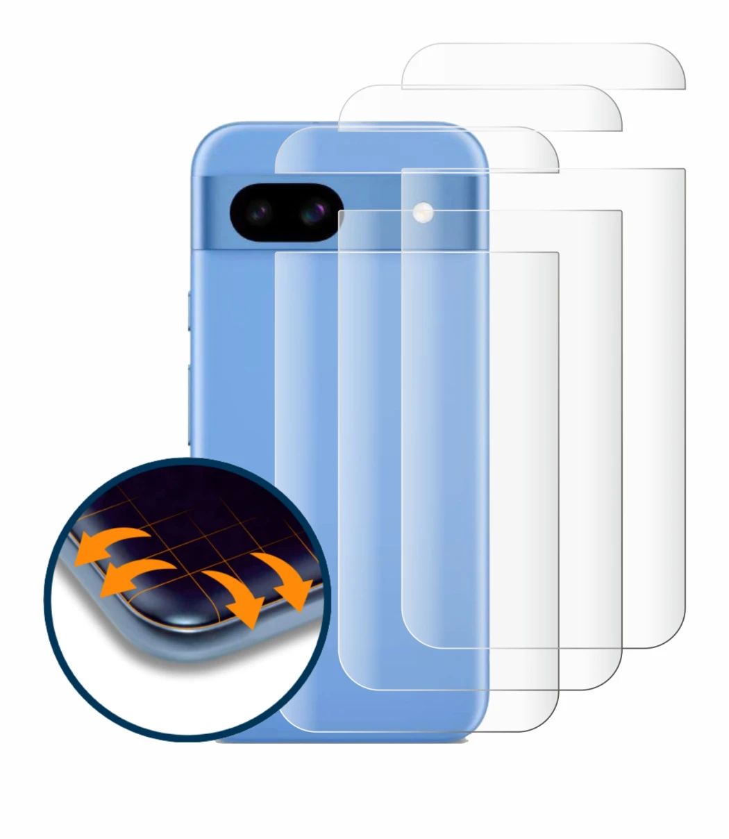 Abbildung des Geräts Google Pixel 8a (Rückseite) mit einer Vielzahl des Displayschutzes.