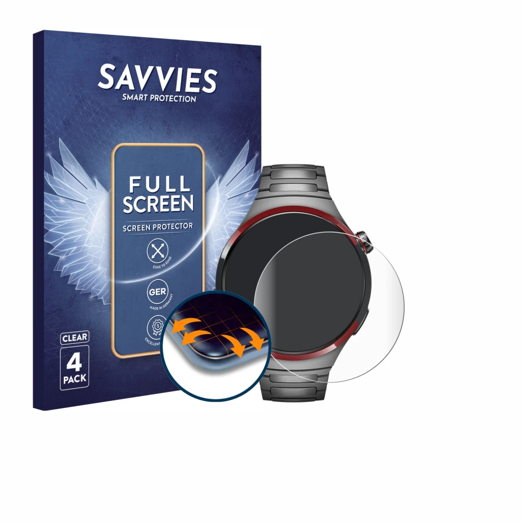 Vorderseite einer Produktverpackung mit dem Markenlogo Savvies. Daneben ist das Gerät Huawei Watch 4 Pro Space Edition mit dem