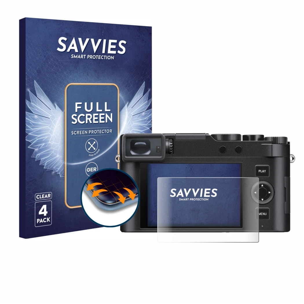 Vorderseite einer Produktverpackung mit dem Markenlogo Savvies. Daneben ist das Gerät Leica D-Lux 8 mit dem zugehörigen Displa