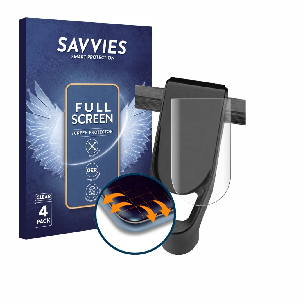 Vorderseite einer Produktverpackung mit dem Markenlogo Savvies. Daneben ist das Gerät NIU KQi Air mit dem zugehörigen Displays