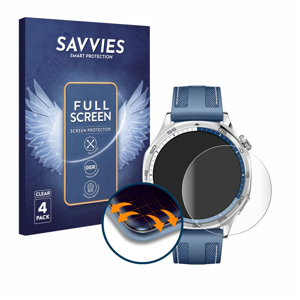Vorderseite einer Produktverpackung mit dem Markenlogo Savvies. Daneben ist das Gerät Huawei Watch GT 5 (46 mm) mit dem zugehö