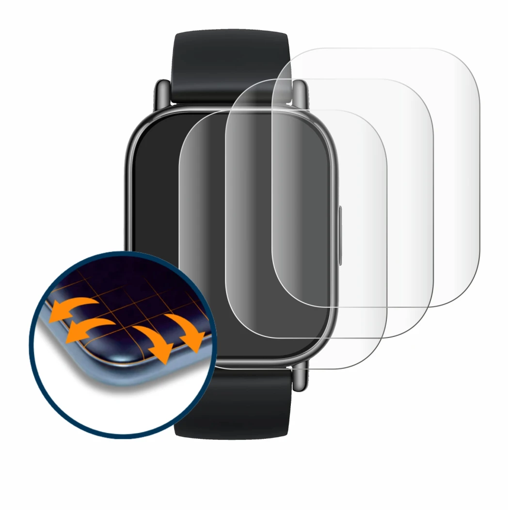 Abbildung des Geräts Xiaomi Redmi Watch 5 Lite mit einer Vielzahl des Displayschutzes.