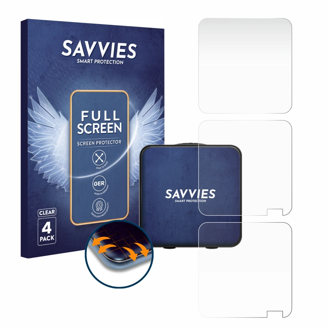 Vorderseite einer Produktverpackung mit dem Markenlogo Savvies. Daneben ist das Gerät Rode Wireless Pro mit dem zugehörigen Di