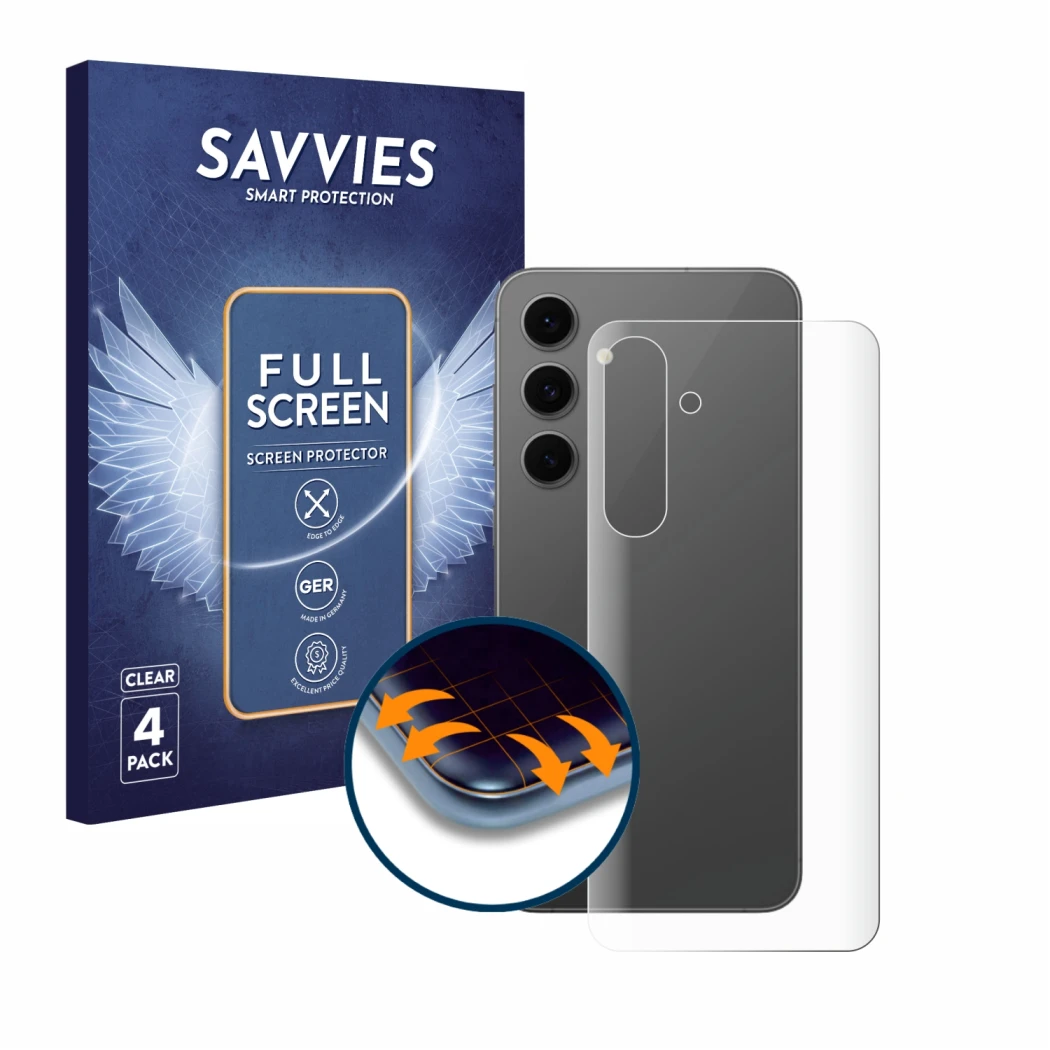 Vorderseite einer Produktverpackung mit dem Markenlogo Savvies. Daneben ist das Gerät Samsung Galaxy S24 FE (Rückseite) mit de