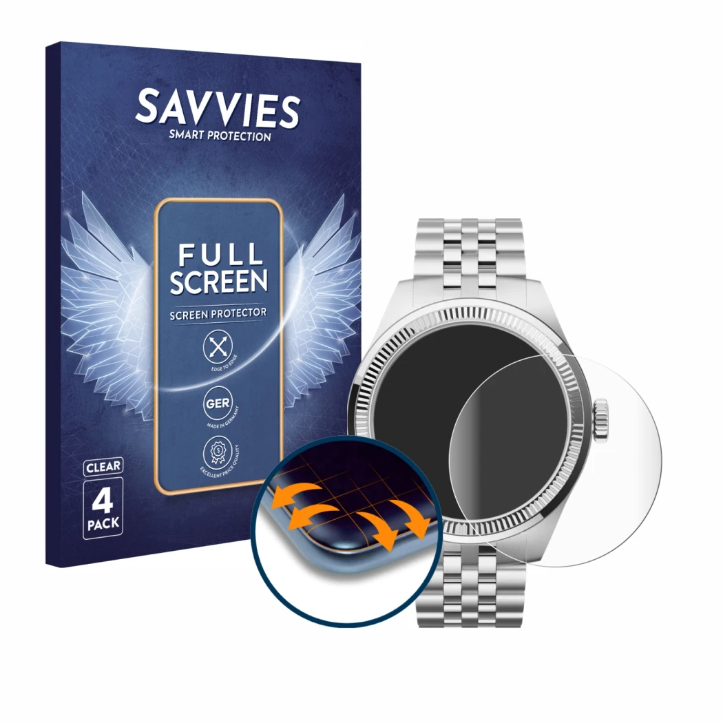 Vorderseite einer Produktverpackung mit dem Markenlogo Savvies. Daneben ist das Gerät Withings ScanWatch Nova Brilliant (39 mm