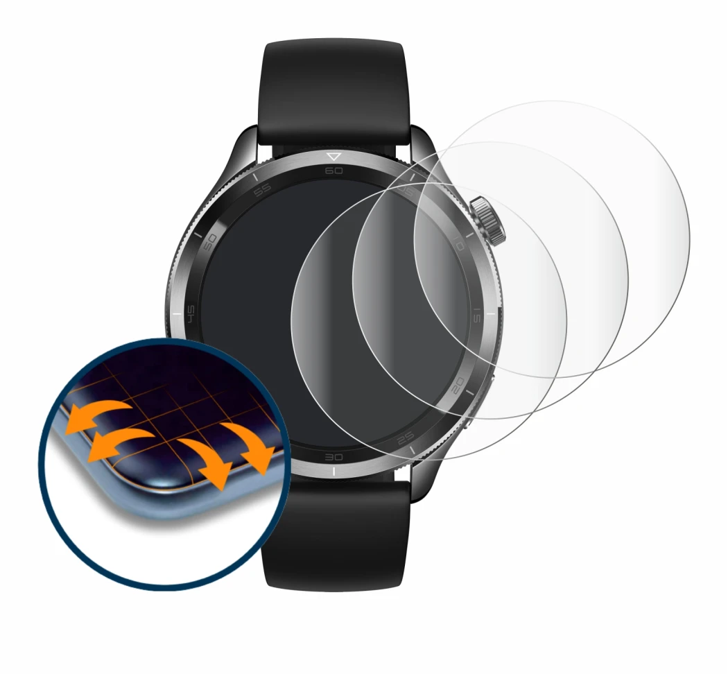 Abbildung des Geräts Xiaomi Watch S4 (47 mm) mit einer Vielzahl des Displayschutzes.