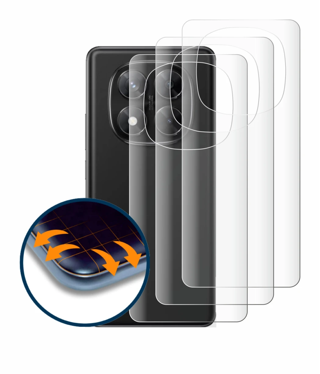 Abbildung des Geräts Xiaomi Redmi Note 14 Pro (Rückseite) mit einer Vielzahl des Displayschutzes.