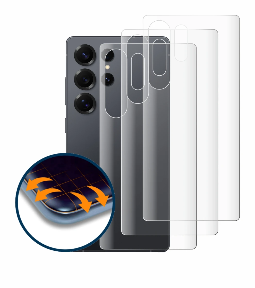 Abbildung des Geräts Samsung Galaxy S25 Ultra (Rückseite) mit einer Vielzahl des Displayschutzes.