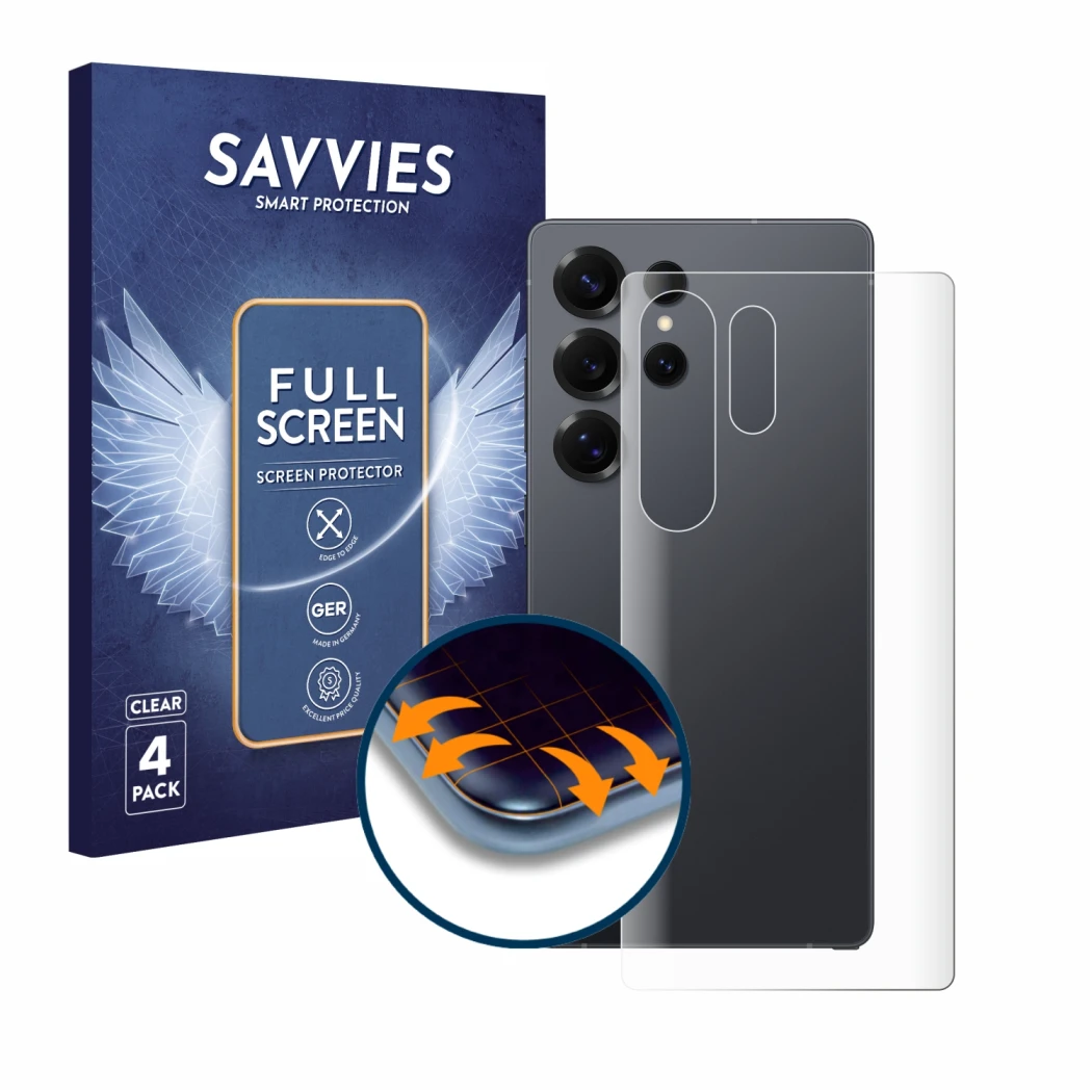 Vorderseite einer Produktverpackung mit dem Markenlogo Savvies. Daneben ist das Gerät Samsung Galaxy S25 Ultra Enterprise Edit