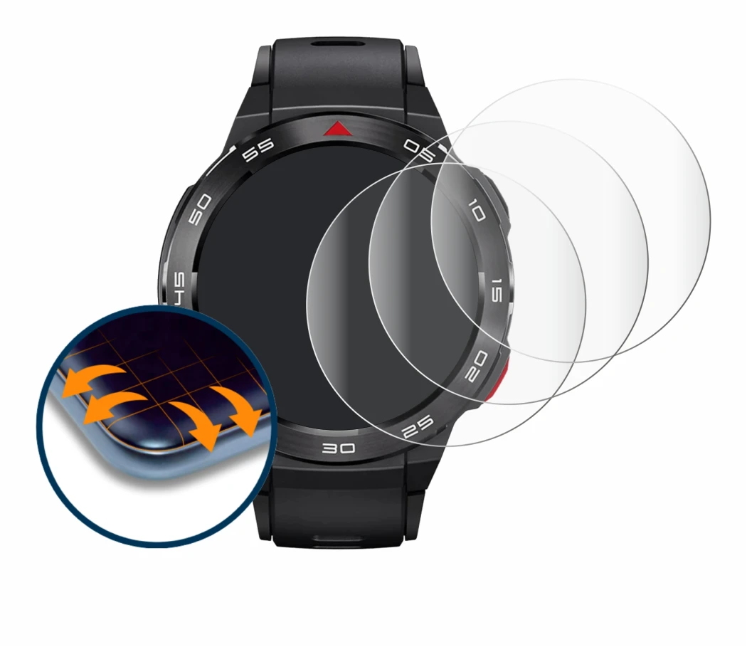 Abbildung des Geräts Xiaomi Mibro GS Pro mit einer Vielzahl des Displayschutzes.