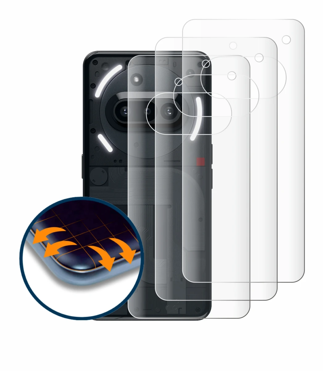 Abbildung des Geräts Nothing Phone (3a) (Rückseite) mit einer Vielzahl des Displayschutzes.