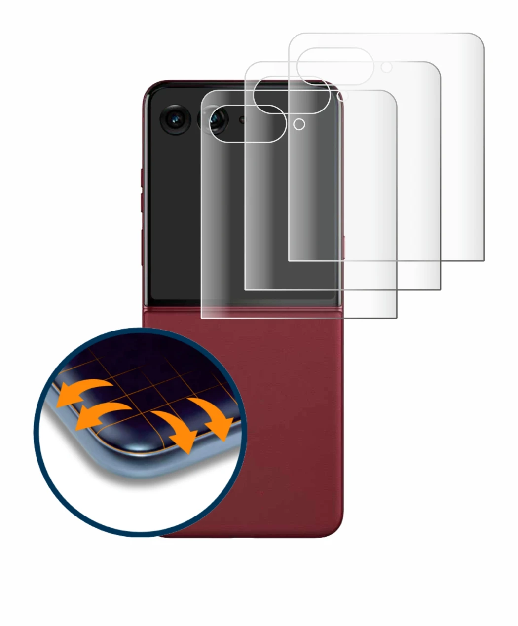 Abbildung des Geräts Motorola Razr 60 Ultra (Hinteres Display) mit einer Vielzahl des Displayschutzes.