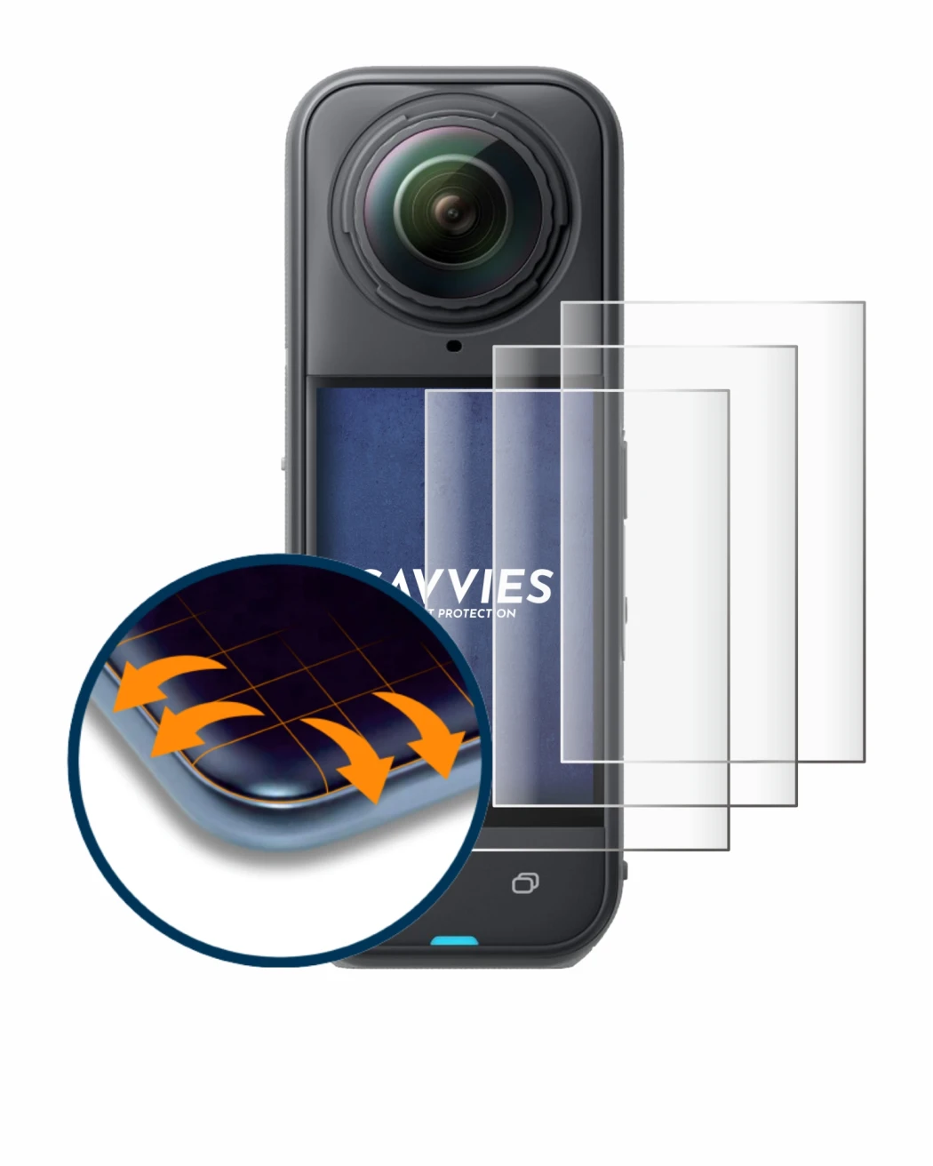 Abbildung des Geräts Insta360 X5 mit einer Vielzahl des Displayschutzes.