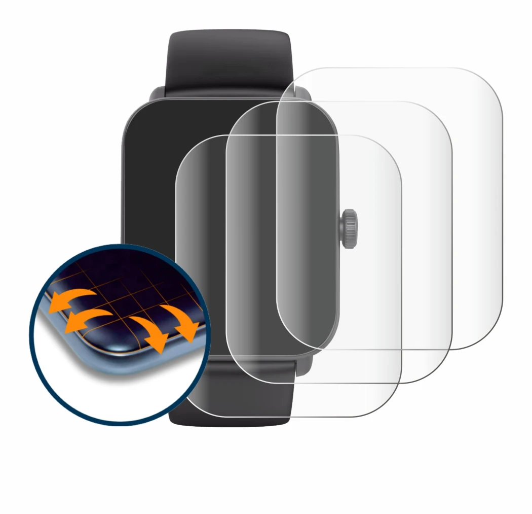 Abbildung des Geräts Hama Smartwatch 6010 mit einer Vielzahl des Displayschutzes.