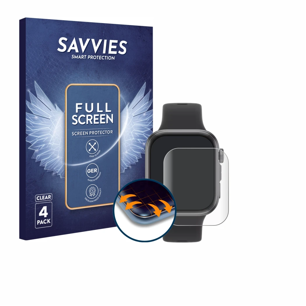 Vorderseite einer Produktverpackung mit dem Markenlogo Savvies. Daneben ist das Gerät Huawei Watch Fit 4 mit dem zugehörigen D