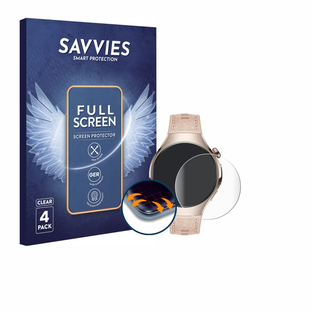 Vorderseite einer Produktverpackung mit dem Markenlogo Savvies. Daneben ist das Gerät Huawei Watch 5 (42 mm) mit dem zugehörig