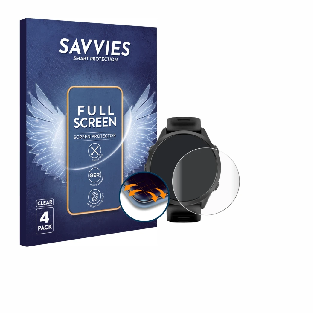Vorderseite einer Produktverpackung mit dem Markenlogo Savvies. Daneben ist das Gerät Garmin Forerunner 570 (47 mm) mit dem zu