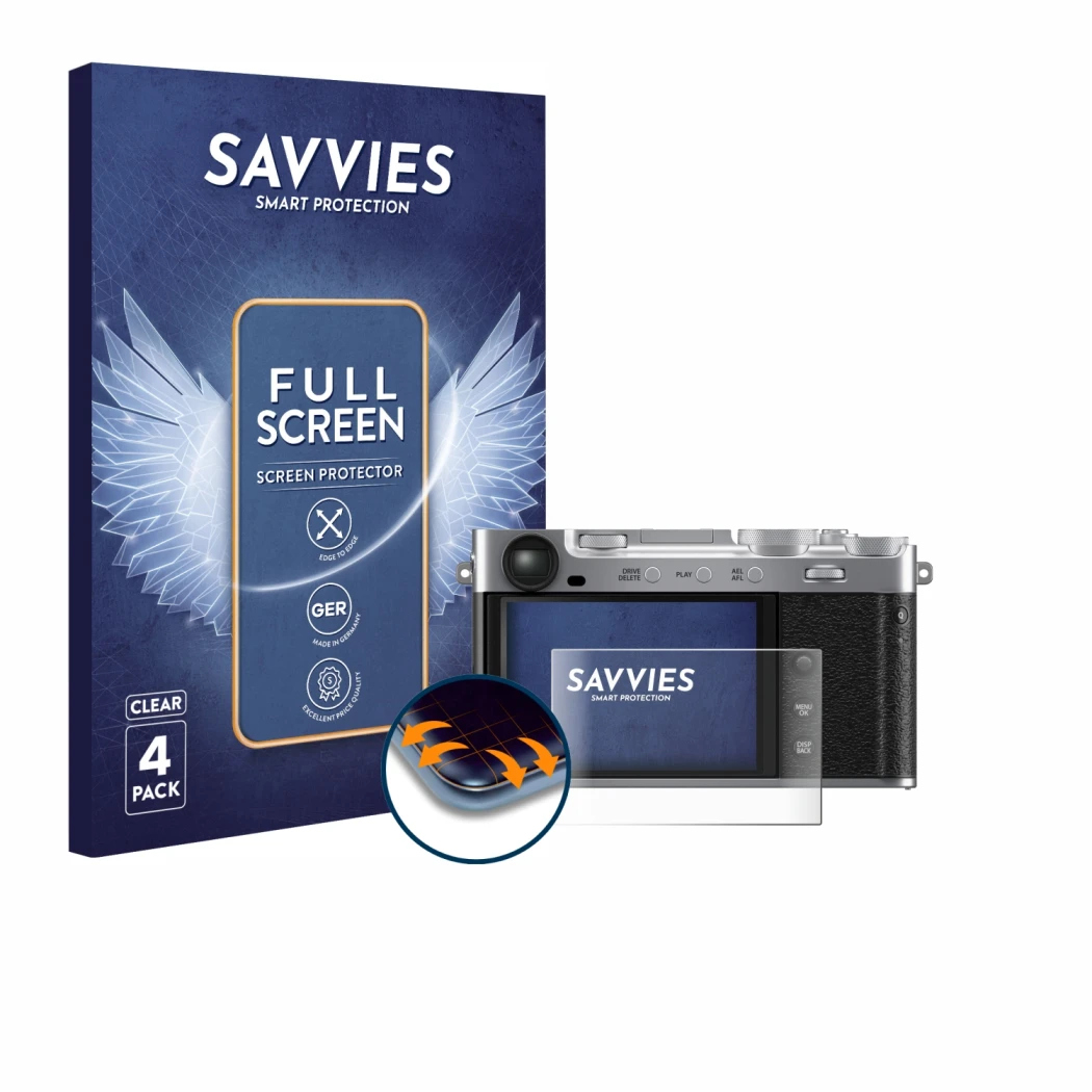 Vorderseite einer Produktverpackung mit dem Markenlogo Savvies. Daneben ist das Gerät Fujifilm X-E5 mit dem zugehörigen Displa