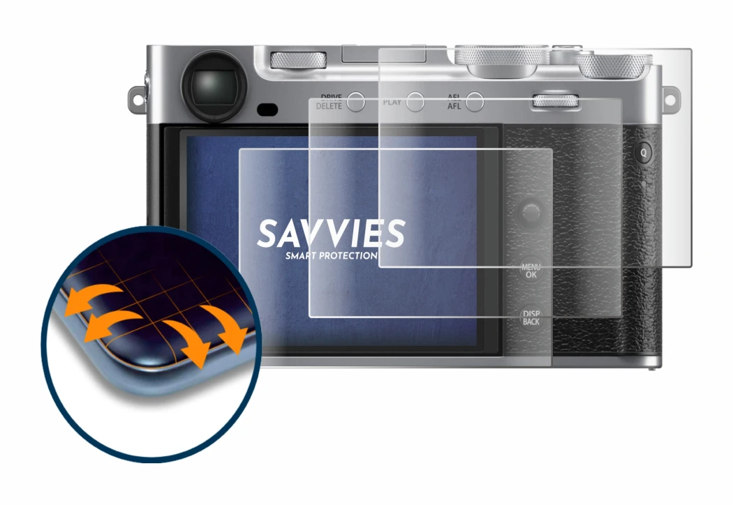 Abbildung des Geräts Fujifilm X-E5 mit einer Vielzahl des Displayschutzes.